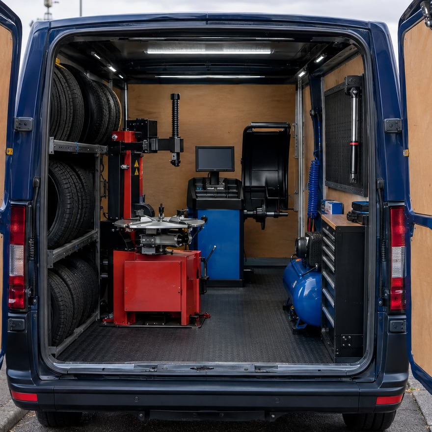 Inside our van: tyre changer, wheel balancer and tyres on board
